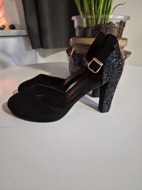 Black Glitter Block Heel